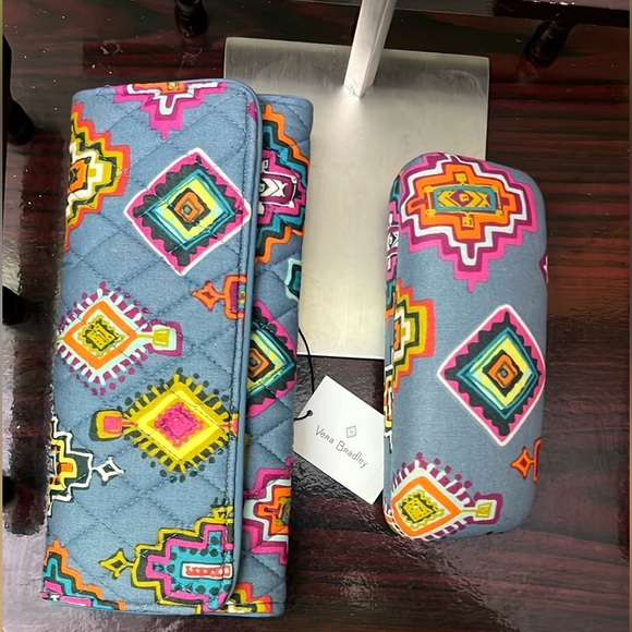🆕 Vera Bradley Trifold Wallet Aztec Blue New With Tags and Glasses Case Bundle - Picture 2 of 11